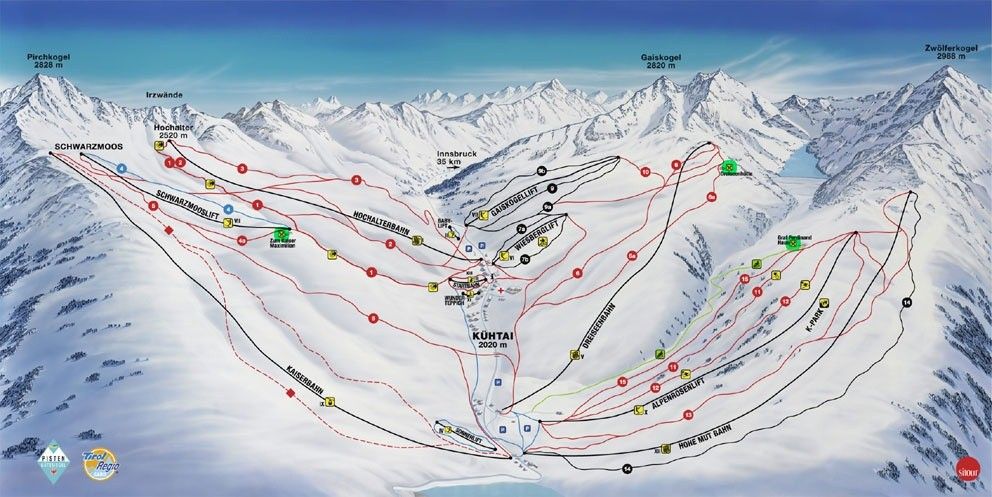 Pistenplan / Karte Skigebiet Kühtai, Österreich