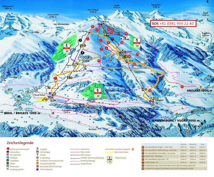 Pistenplan / Karte Skigebiet Brigels, Schweiz