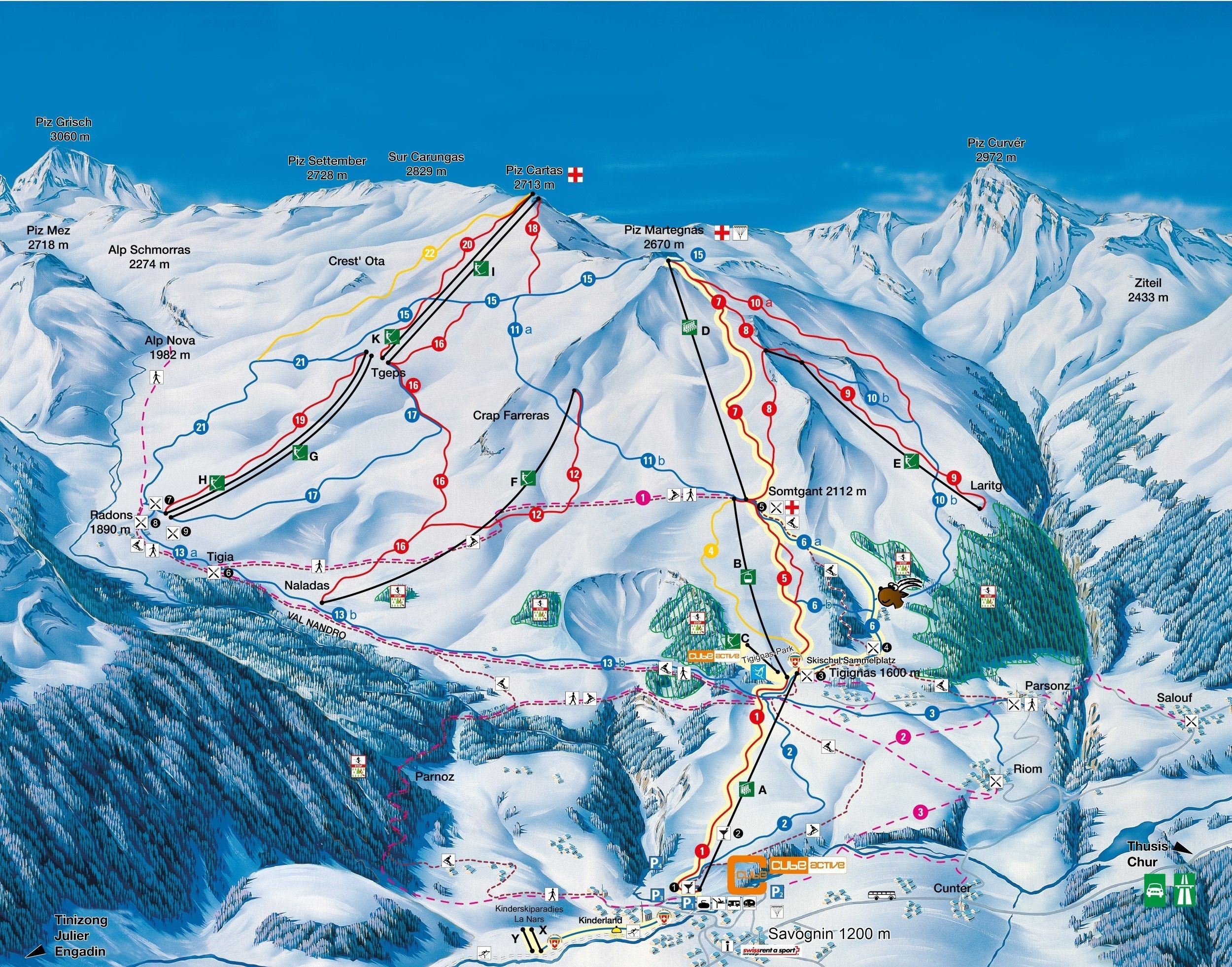 Pistenplan / Karte Skigebiet Savognin, Schweiz