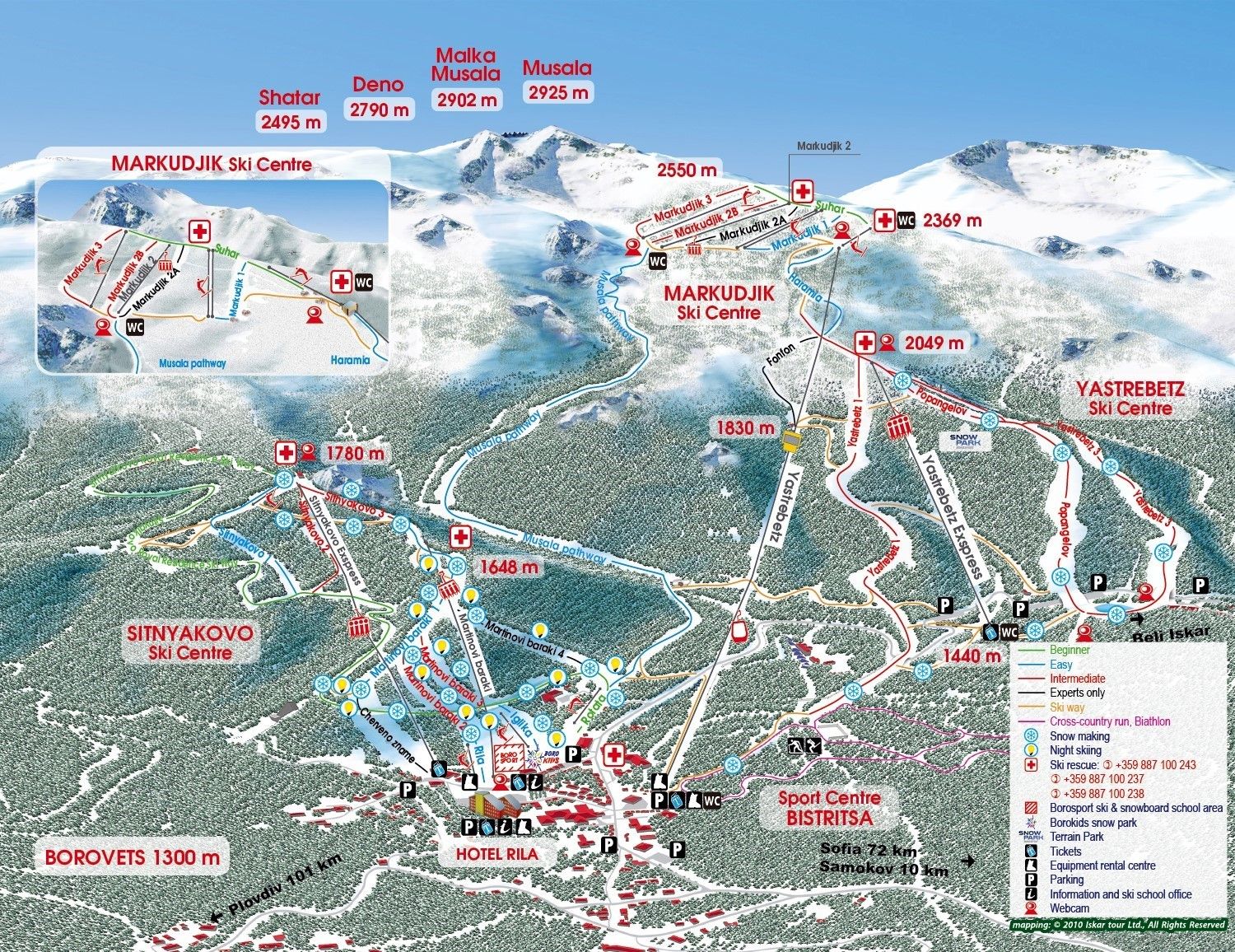 Pistenplan / Karte Skigebiet Borovets, Bulgarien